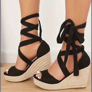 JustFab Isla Tie Up Espadrille Wedge, Size 8.5, Black
